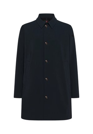 Marinefrakke med krave, lange ærmer og frontlommer. Har fem knapper og en glat, mat stofstruktur.