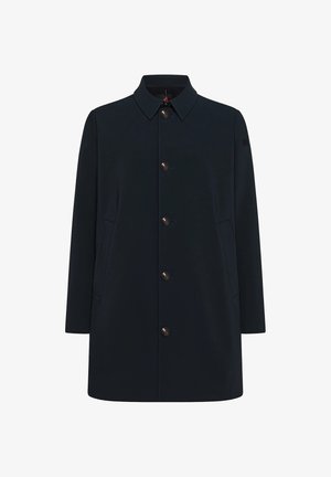 Manteau bleu marine avec un col, des manches longues et des poches avant. Comprend cinq boutons et une texture de tissu lisse et mate.