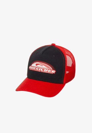 Cappellino trucker Quiksilver nero e rosso con retro in rete e visiera curva rossa, con logo del marchio bianco sul pannello anteriore.