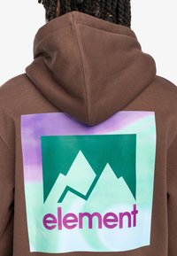 Brown hoodie featuring a large graphic with green mountains and the word "element" in purple. Soft fabric with a relaxed fit and hood.