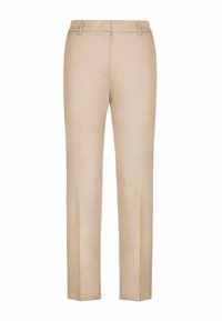Beige skräddarsydda byxor med rak benänd, med flat front, bältesöglor och minimalistiska sömdetaljer. Slät textur.