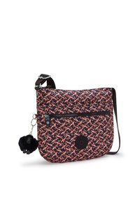 Borsa a tracolla nera con un motivo floreale in rosa e arancione. Caratterizzata da una tasca frontale con zip, un'etichetta con il logo e un charm pom-pom nero.