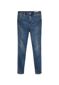 Tumši zili džinsu skinny bikses ar vidēju jostasvietu, piecām kabatām un vieglu izbalēšanu. Iekļauta pogu un rāvējslēdzēja aizdare.