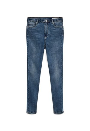Jeans skinny de denim azul escuro com uma cintura de altura média, cinco bolsos e um desbotamento subtil. Apresenta fecho com botão e fecho éclair.