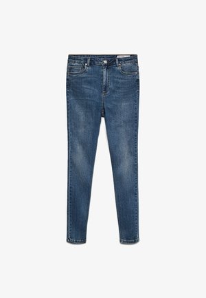 Dark blue denim skinny jeans with a mid-rise waist, five pockets, and subtle fading. Features button and zip fly closure.