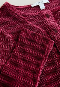 Rot strukturierter Langarmoberteil mit Knopfdetails und einem "Next"-Markenlabel in der Nähe des runden Ausschnitts, aus weichem, geripptem Stoff.