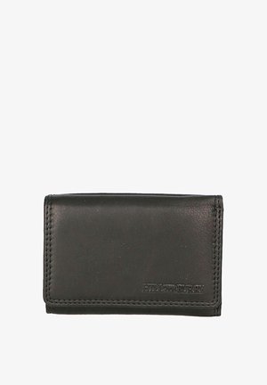 Black leather wallet with a smooth texture, compact design, stitched edges, and a debossed logo on the front.