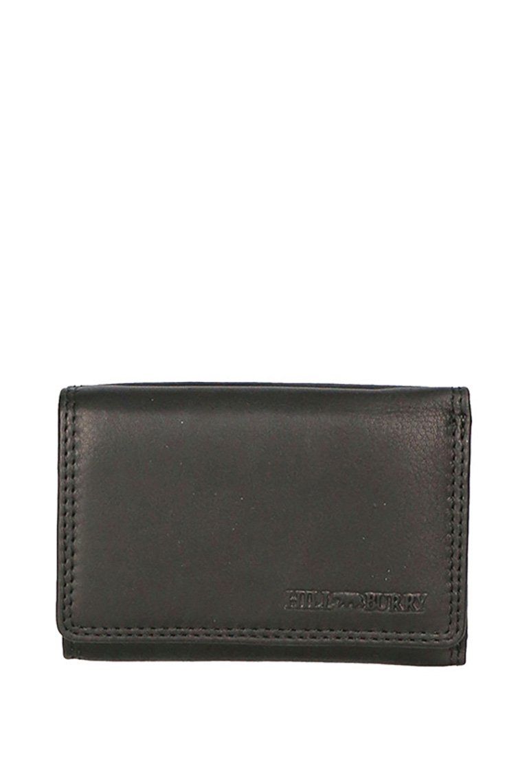 Portafoglio in pelle nera con una texture liscia, design compatto, bordi cuciti e logo impresso sul davanti.