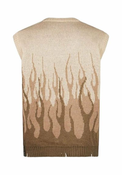 Gilet in maglia beige con un motivo a fiamma sfumato, che passa da un marrone chiaro a un marrone scuro, con orlo a coste e design senza maniche.