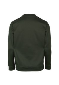 Sudadera verde oscura, de mangas largas, cuello redondo, textura suave, diseño liso, sin logotipos ni patrones visibles, con acabados sencillos en el dobladillo y las mangas.