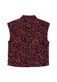 Fekete ujjatlan felső, rózsaszín árnyalatú virágmintával, galléros nyakkivágással és laza fazonnal.