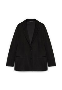 Blazer nero con una silhouette sartoriale, dotato di revers a punta, due tasche frontali e sottili decorazioni. Chiusura con un bottone.