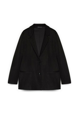 Zwarte blazer met een getailleerd silhouet, voorzien van een gelapte kraag, twee voorzakken en subtiele versieringen. Sluiting met één knoop.