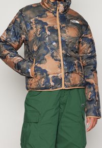 Osoba w brązowej i ciemnoniebieskiej kurtce puchowej w marmurkowy wzór z logo The North Face, w połączeniu z zielonymi spodniami cargo z małym logo Nike.