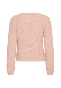 Maglione rosa lavorato a maglia con maniche lunghe, caratterizzato da un motivo a rombi e un collo rotondo. Tessuto testurizzato e confortevole con orlo aderente.