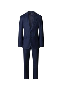 Costume bleu marine comprenant une veste ajustée avec des revers à cran et deux boutons, accompagnée de pantalons assortis. Texture lisse et design épuré.