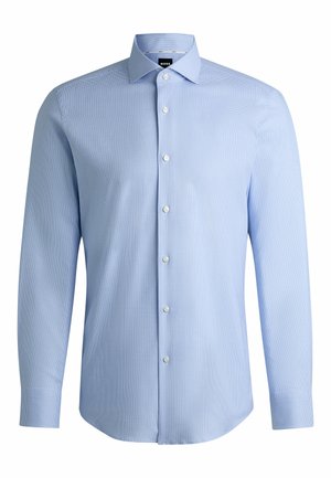 Himmelblaues Hemd mit Knöpfen, das ein dezentes Karomuster aufweist, lange Ärmel, einen Kragen und weiße Knöpfe aus glattem, gewebtem Stoff.