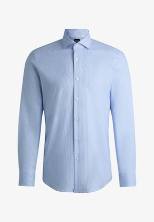 Vaaleansininen nappikauluspaita, jossa on huomaamaton ruutukuosi, pitkät hihat, kaulus ja valkoiset napit, valmistettu sileästä kudotusta kankaasta.