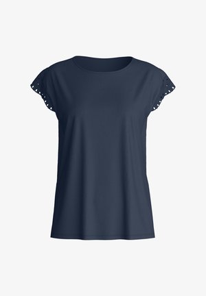 Haut bleu marine à manches courtes avec encolure ronde et détails en dentelle œillets sur les manches.