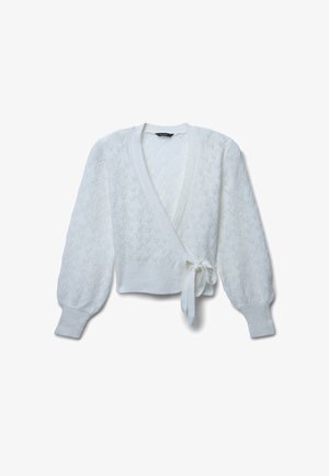 Pullover corto bianco avvolgente con maniche lunghe a sbuffo, caratterizzato da un pattern a rombi testurizzato e un dettaglio in vita annodato. Realizzato in morbido materiale a maglia.