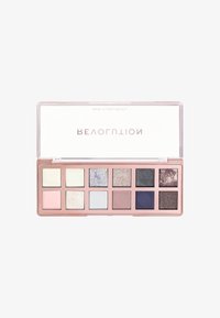 Paleta de sombras de ojos con 12 tonos que incluyen acabados mate, brillante y con purpurina en tonos neutros, rosas, azules y marrones, con una tapa transparente.