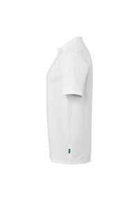 Witte polo met korte mouwen, eenvoudig ontwerp, met een knoopsluiting bij de kraag, gemaakt van een gladde stof, voorzien van een klein groen logo aan de zijkant.