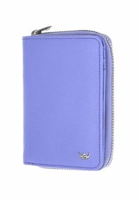 Portefeuille compact en cuir lavande avec fermeture éclair argentée et petit logo métallique sur le coin avant.