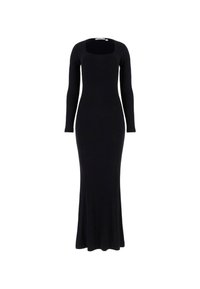 Rochie lungă cu mâneci lungi, neagră, cu decolteu pătrat, trupă ajustată și tiv evazat. Fabricată dintr-un material tricotat elastic pentru confort.
