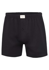 Černé bavlněné boxerky s elastickým pasem, zapínáním na knoflík a hladkým povrchem. Na přední straně se nachází štítek se jménem značky.