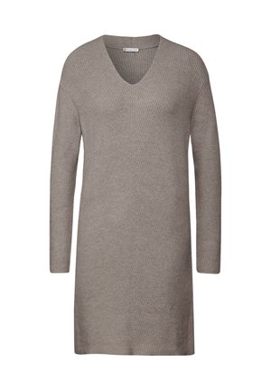 Túnica de punto gris claro, de manga larga, con escote en V y textura acanalada. El dobladillo llega a mitad del muslo, con un diseño sencillo y recto.