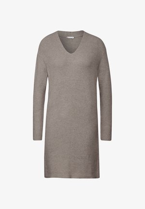 Lysegrå, langærmet strik tunika med V-hals og ribbet tekstur. Kanten falder til midt på låret og har et enkelt og lige design.