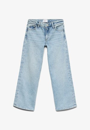 Lichtblauwe wijde spijkerbroek met steekzakken aan de voorkant, riemlussen, metalen knoop en ritssluiting.