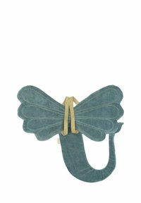 Velvet butterfly-shaped cushion in teal, with gold stitching and a textured tail. Features softly rounded wings and a central golden band.