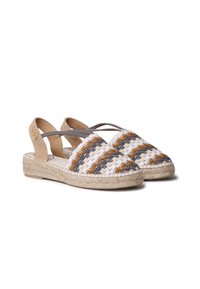Woven espadrille shoes with a beige, gray, and orange striped pattern, featuring a jute sole and adjustable heel straps.