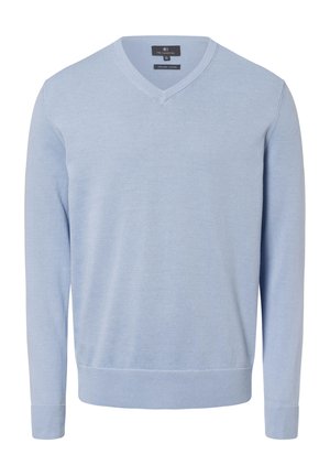 Light blue V-neck sweater made of cotton. Features long sleeves, ribbed cuffs, and a smooth texture. Classic design suitable for casual wear.