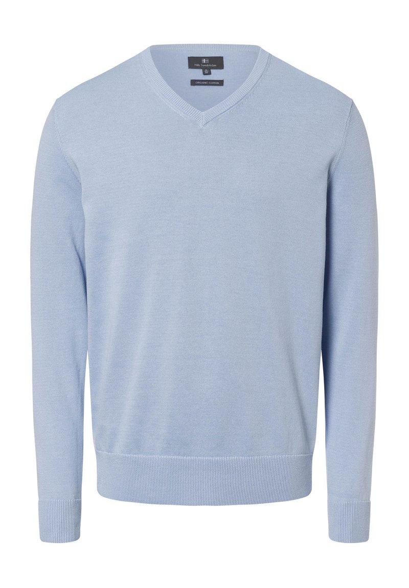 Helleblauer V-Ausschnitt-Pullover aus Baumwolle. Mit langen Ärmeln, gerippten Bündchen und einer glatten Textur. Klassisches Design, das sich für legere Kleidung eignet.