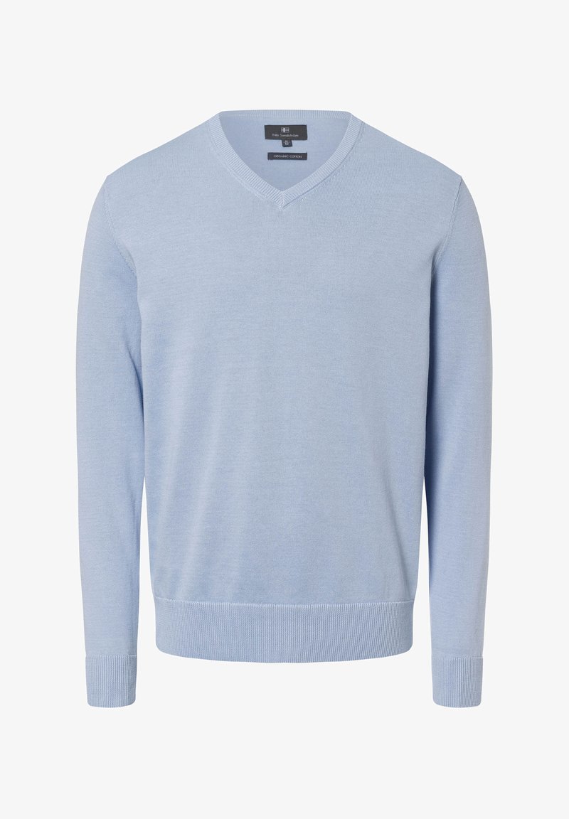 Helleblauer V-Ausschnitt-Pullover aus Baumwolle. Mit langen Ärmeln, gerippten Bündchen und einer glatten Textur. Klassisches Design, das sich für legere Kleidung eignet.