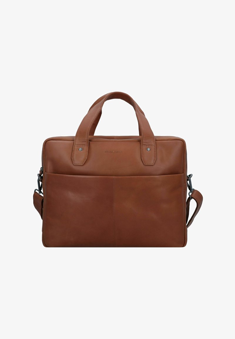 Brown leather briefcase with dual top handles, a removable shoulder strap, front pocket, and smooth texture. Simple, rectangular design.