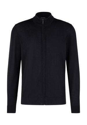 Dunkelblauer, mit Reißverschluss versehener Cardigan mit Stehkragen, langen Ärmeln, gerippten Bündchen und Saum sowie glatter Textur. Hergestellt aus weichem Stoff.