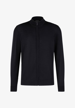 Ciemnogranatowy kardigan na zamek z kołnierzem stojącym, długimi rękawami, prążkowanymi mankietami i dołem oraz gładką fakturą. Wykonany z miękkiej tkaniny.