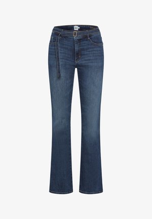 Dunkelblaue Jeans im Schlagstil mit einem Bindegürtel, fünf Taschen und kontrastierenden gelben Nähten. Glatte Textur und klassisches Schnittdesign.