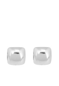 Orecchini a forma di cubo in argento con finitura lucida. Texture liscia con bordi arrotondati, dotati di un foro centrale per i perni.