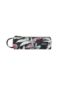 Estuche de lápices Roxy en negro con un vibrante estampado floral en rosa y verde, que cuenta con un cierre de cremallera y un asa superior para llevar.