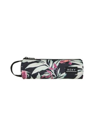 Roxy etui in zwart met een levendig bloemenprint in roze en groen, met een ritssluiting en een handvat aan de bovenkant.