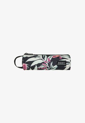Roxy etui in zwart met een levendig bloemenprint in roze en groen, met een ritssluiting en een handvat aan de bovenkant.