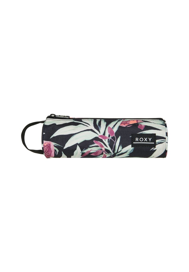 Estuche de lápices Roxy en negro con un vibrante estampado floral en rosa y verde, que cuenta con un cierre de cremallera y un asa superior para llevar.