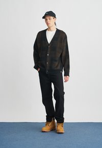 Tmavohnedý a čierno-károvaný sveter na gombíky, nosený cez biele tričko; čierne nohavice a žlté topánky. Jednoduchá čiapka dopĺňa vzhľad.