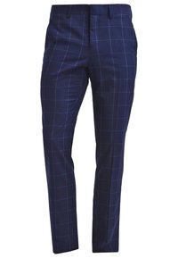 Navy blue plaid trousers made from smooth fabric, featuring a slim fit, subtle check pattern, and flat front design with side pockets.