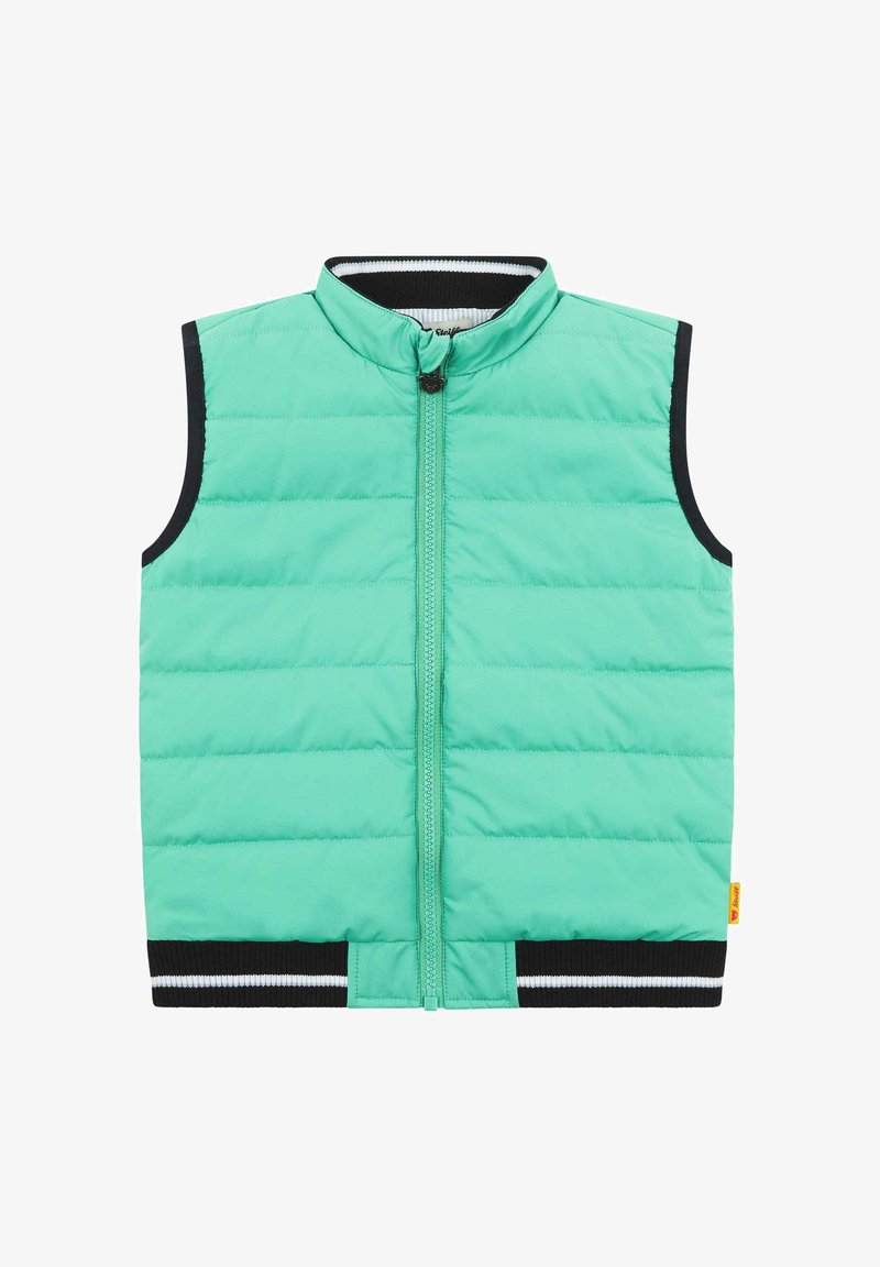 Miętowozielona bezrękawnik z pikowanym wzorem, z zamkiem błyskawicznym z przodu, czarno-białym prążkowanym wykończeniem oraz jednolitą dolną krawędzią.