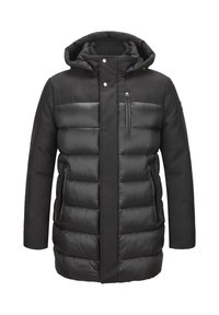 Schwarze Steppjacke mit einer Reißverschlusstasche auf der Brust, glattem Stoff oben und gesteppter Textur unten. Mit Kapuze und Druckknopfverschluss.